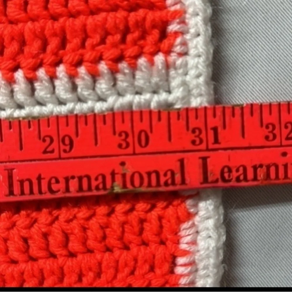 Vintage small throw/ afghan orange and white with fringe edges‎ hand crocheted